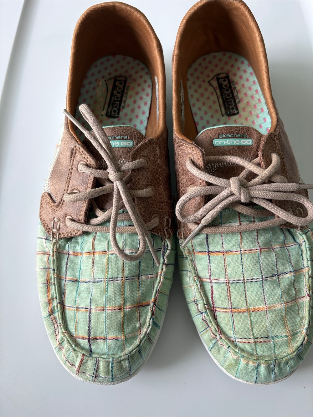 Skechers Mint Plaid & Tan Lace-Up Casual Shoes - Picture 2 of 12